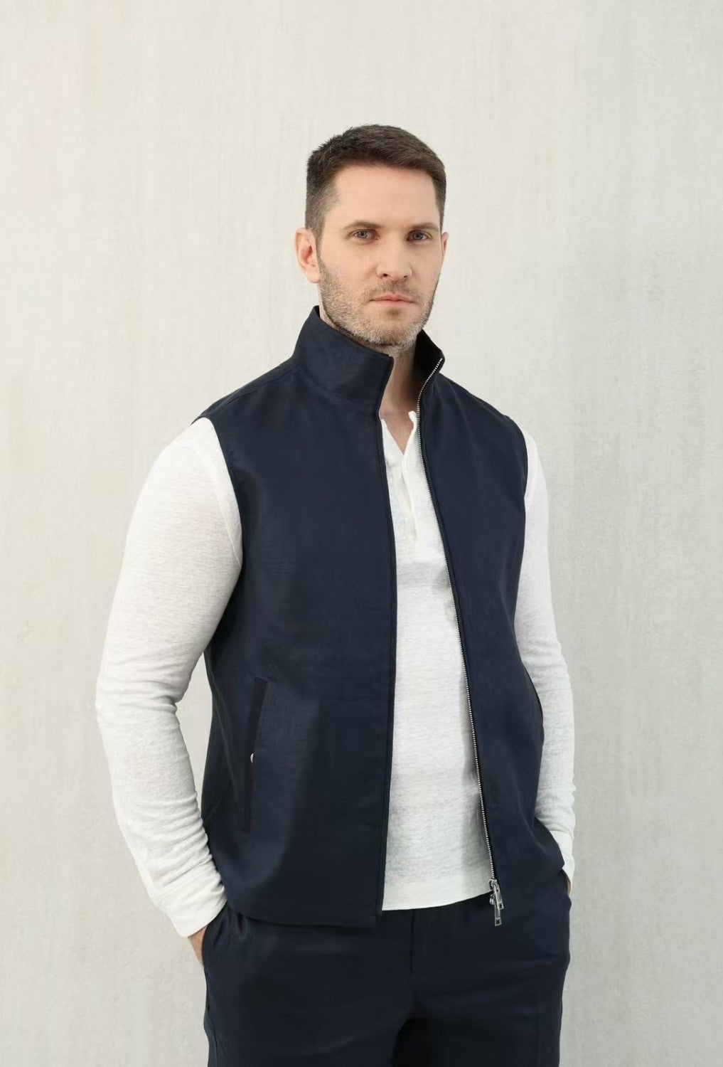 Ermenegildo Zegna Men's Spring And Autumn Solid Color Standing Collar Zipper Fit Sleeveless Vest Jacket Ngvp #1168