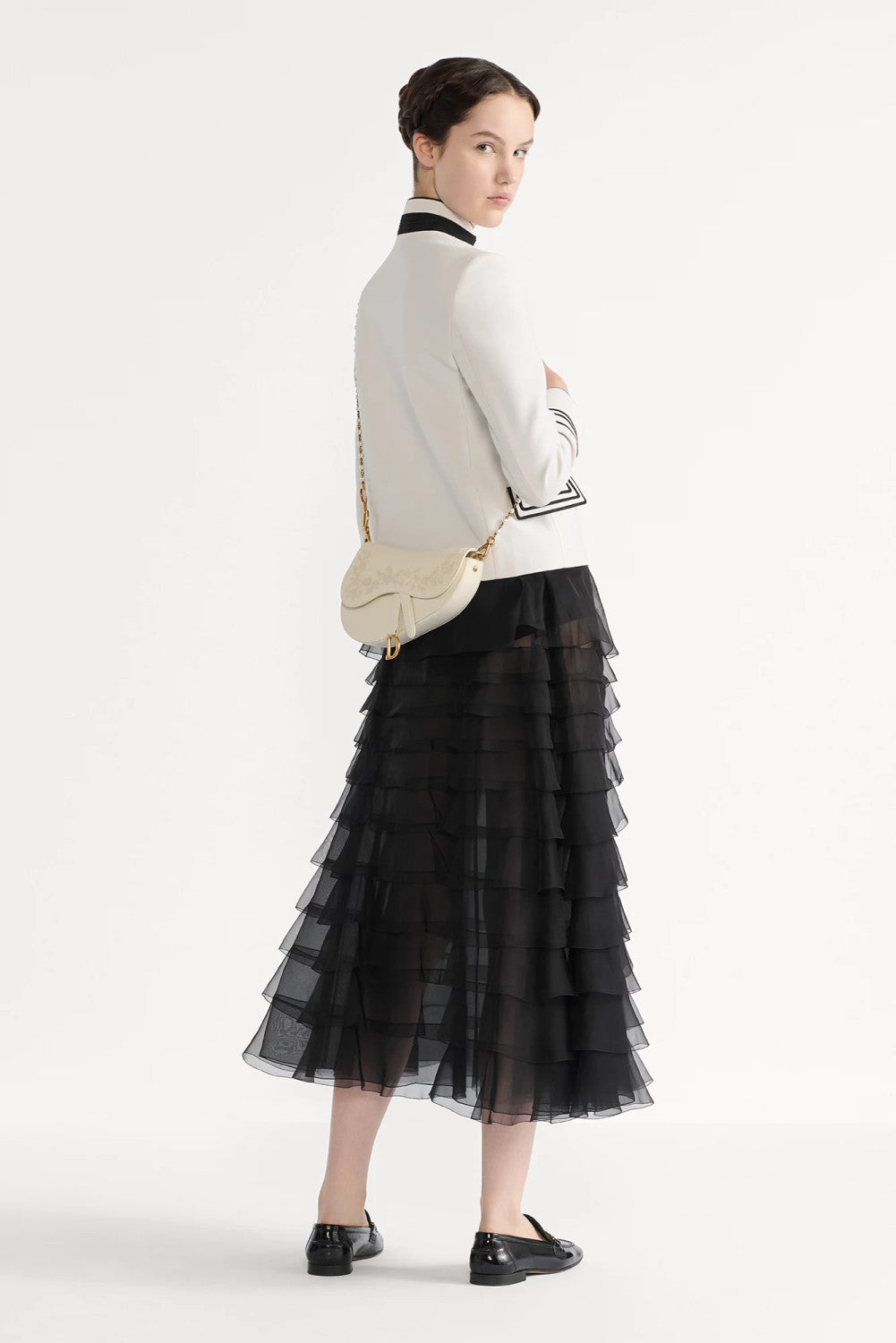 Women's Spring/summer Organza Ruffled Midi Skirt Black & White Solid Color Fashionable Elegant Delicate Skirt #82137A