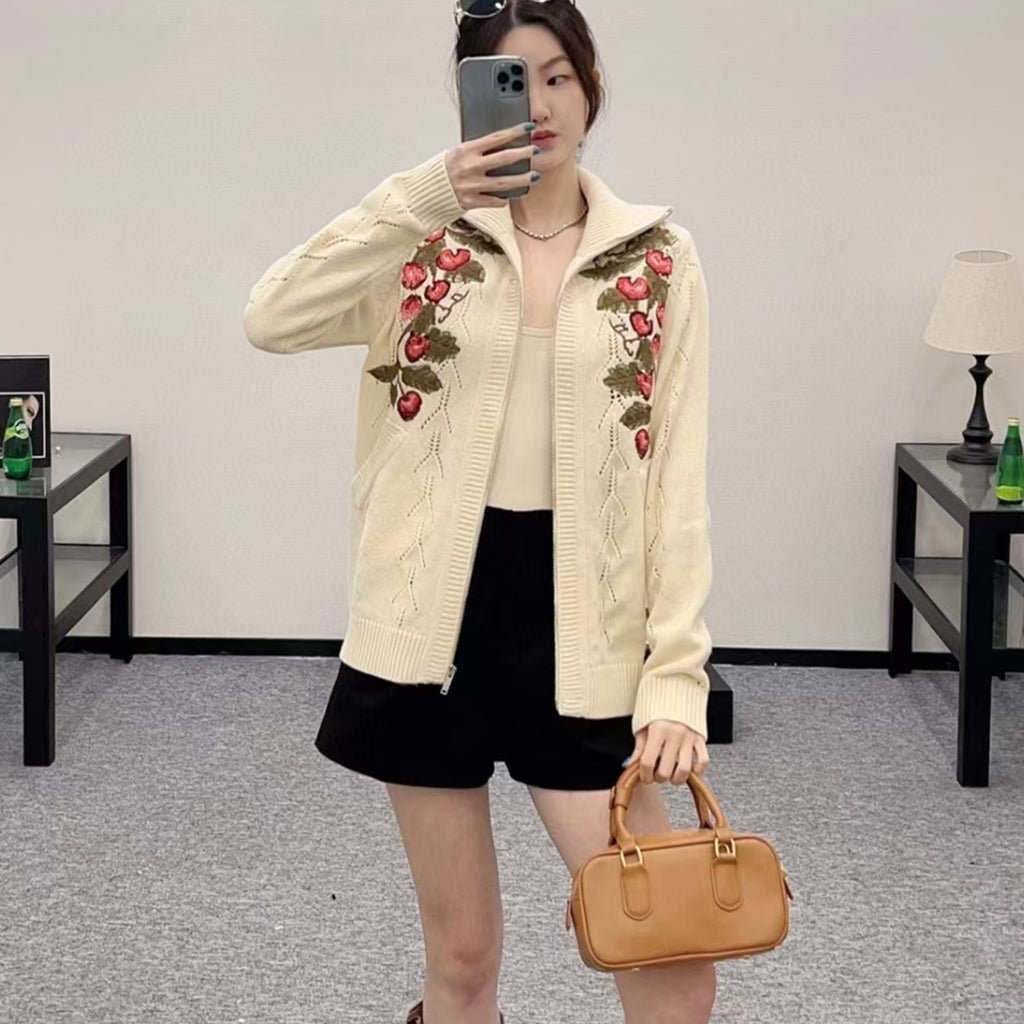 Women's Spring Cherry Embroidery Wool Knitted Jacket Skeleton Zip Knit Fashion Elegant Cute Lapel Sweater Cardigan Ngvp #9914