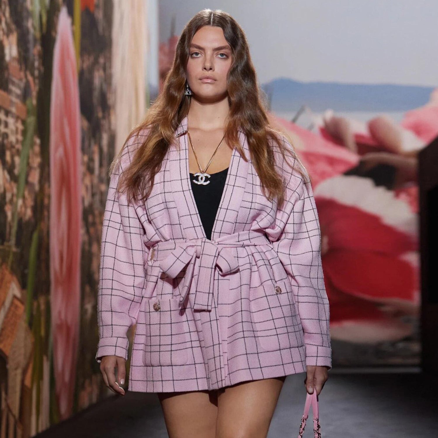 Women's Spring And Autumn Pink Plaid Flip Collar Single Breasted Thick Tweed Waist Wrapped Long Jacket Dress Ngvp #8527