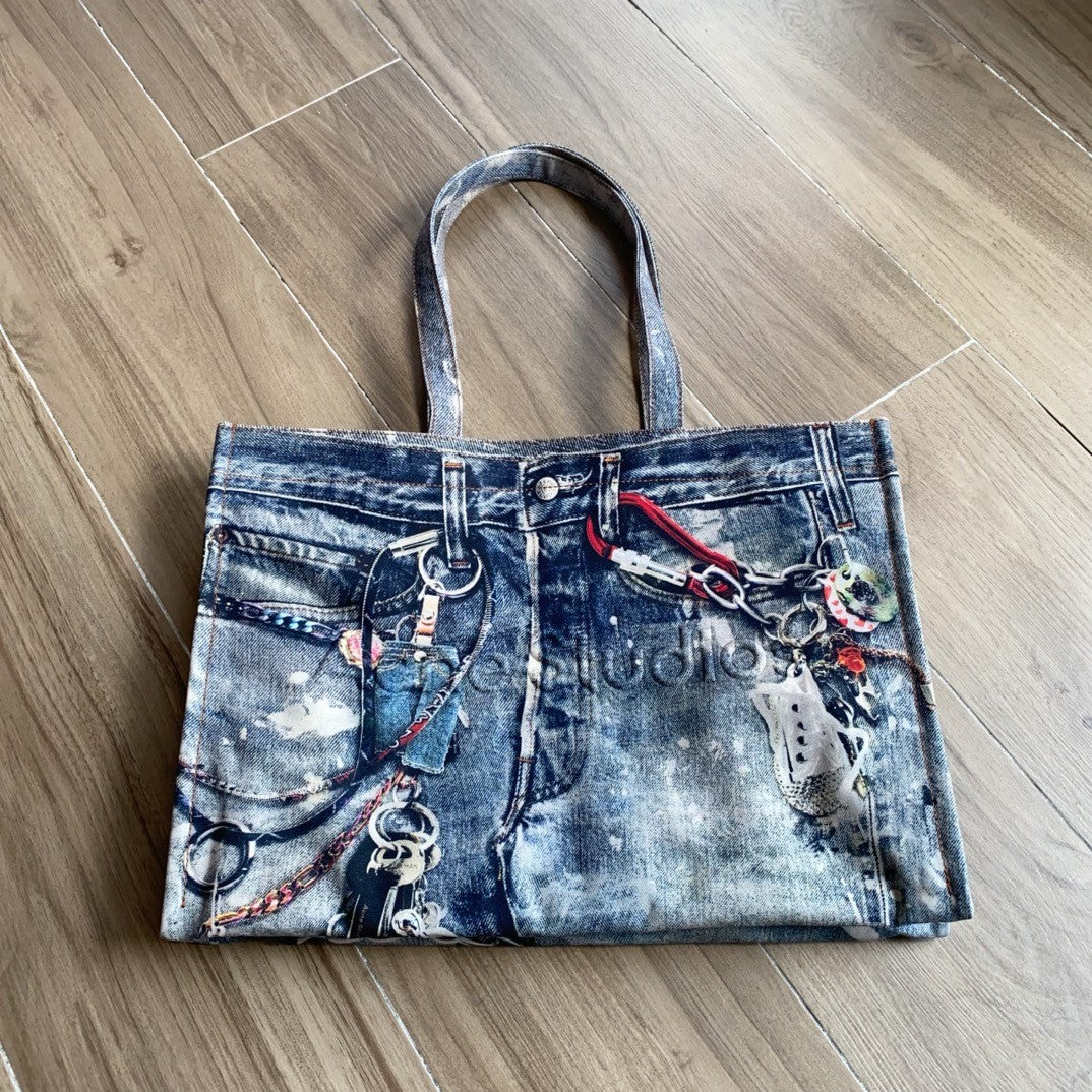 Acne Studios Women's Fashion Retro Color-Block Logo Denim Patchwork Print Tote Bag Shoulder Bag Bags #78793