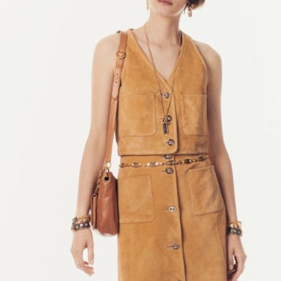 Women's Spring. Autumn And Winter Single-Breasted Short Long-Sleeved Solid Color Fitted Cowhide Leather Jacket Casual V-Neck Sleeveless Vest Medium-Length Leather Long Skirt Suit Set Ngvp #9321