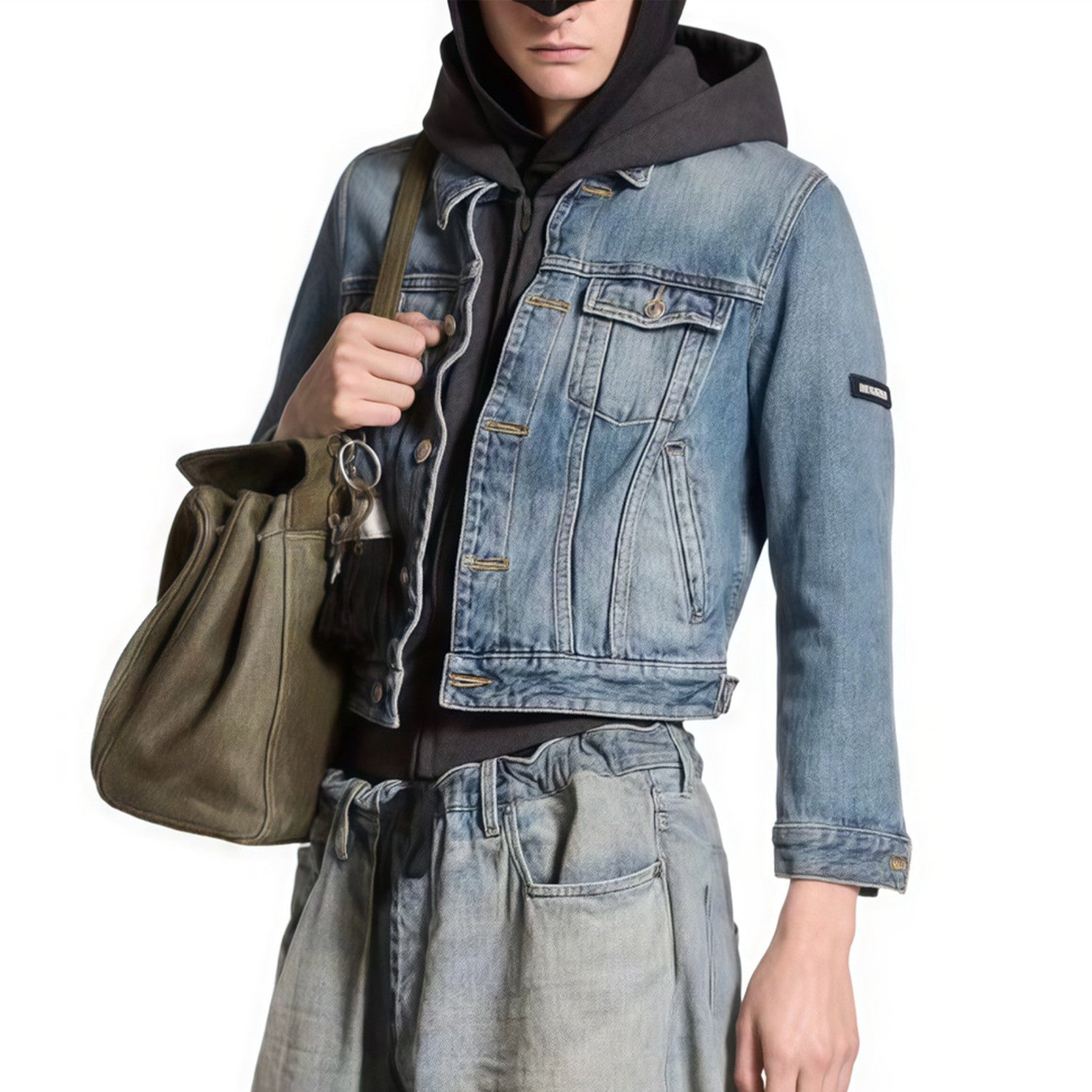 Men's Women's Spring and Autumn Solid Color Lapel Fit Single Breasted Long Sleeve Hooded Sweatshirt Spliced Denim Jacket Coat Ngvp #8749