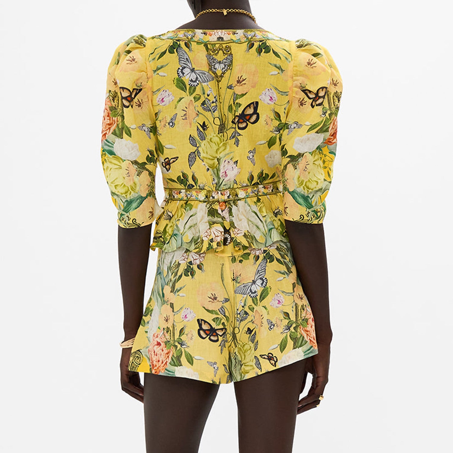 Camilla Women's Summer Printed V-neck Rhinestone Decoration Linen T-Shirt Top Loose Long Sleeve Casual Shorts Suit Set Ngvp #8875