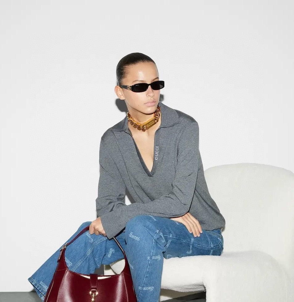 Women's Spring/Summer Solid Color Logo Letter Printed Polo Neck Pullover Long Sleeve T-Shirt #73822