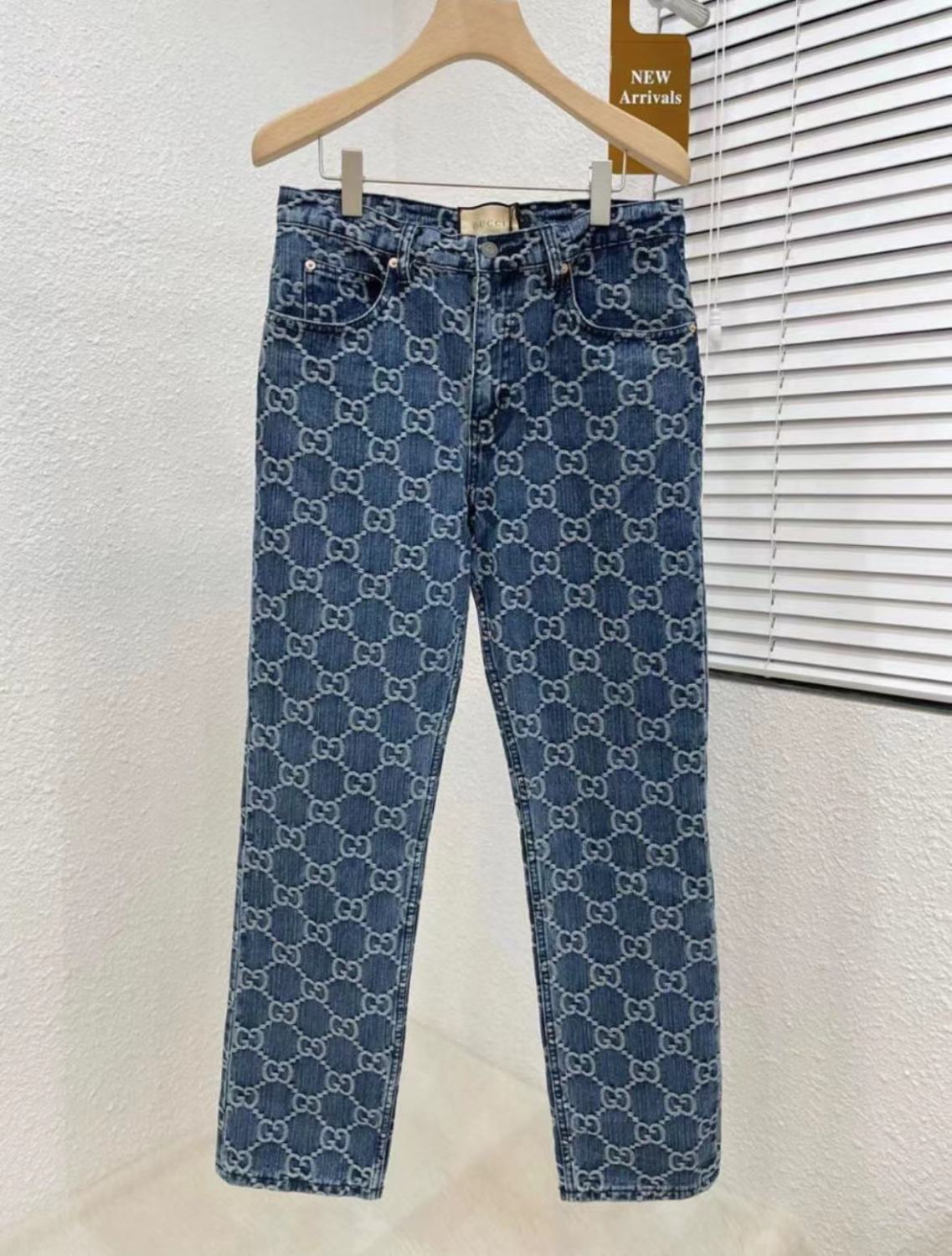 Men's Spring Autumn Blue Letter Print Jacquard Straight Zip Pocket Jeans Pants #99275
