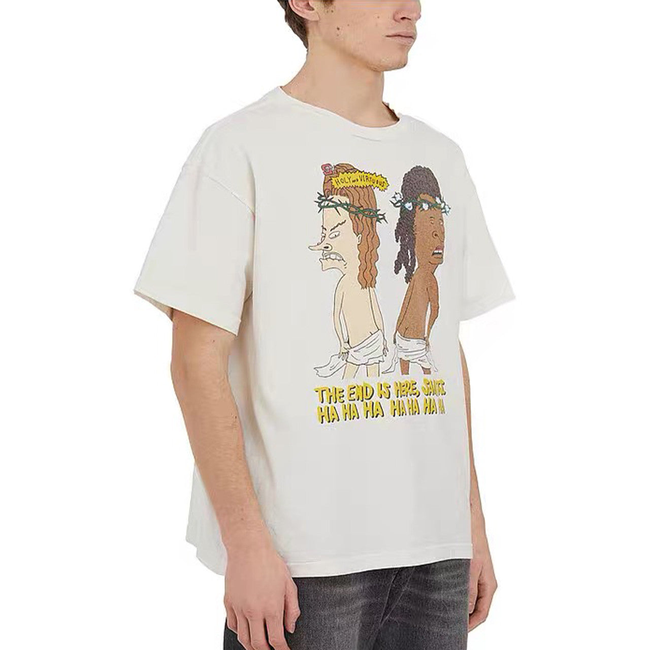 Saint Michael Men's Summer Solid Color Character Printed Round Neck Loose Aged Cotton Short Sleeve T-Shirt Ngvp #7919