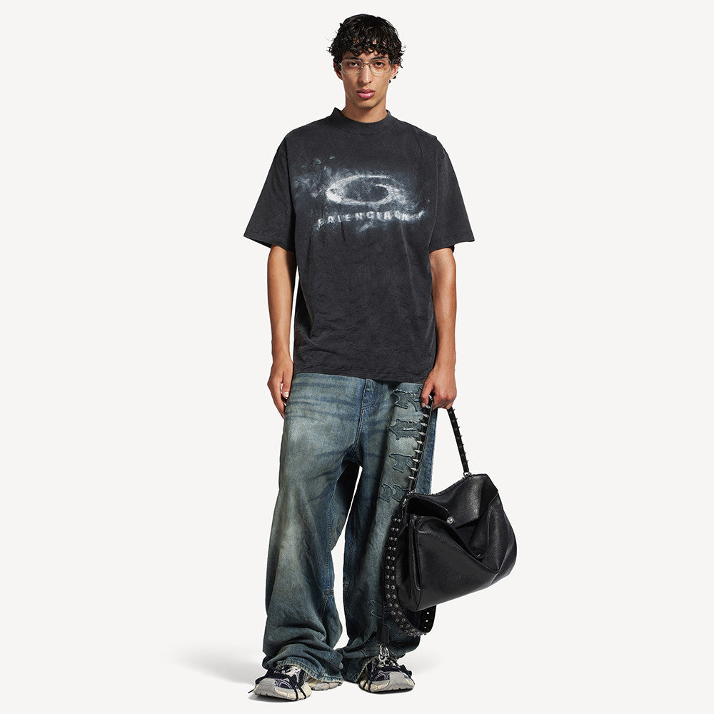 Top-quality Version Washed Crayon Loop T-shirt Medium Fit Spring/Summer Snap-Button Direct-Print Oversized Crew Neck Short-Sleeve T-Shirt #82563A