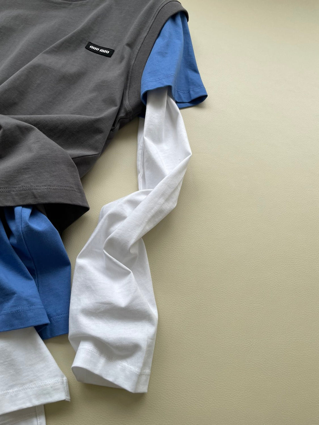 Women's Summer Clashing Color Embroidery Letter Logo Round Neck 3 Piece Layered T-Shirt Set #72878