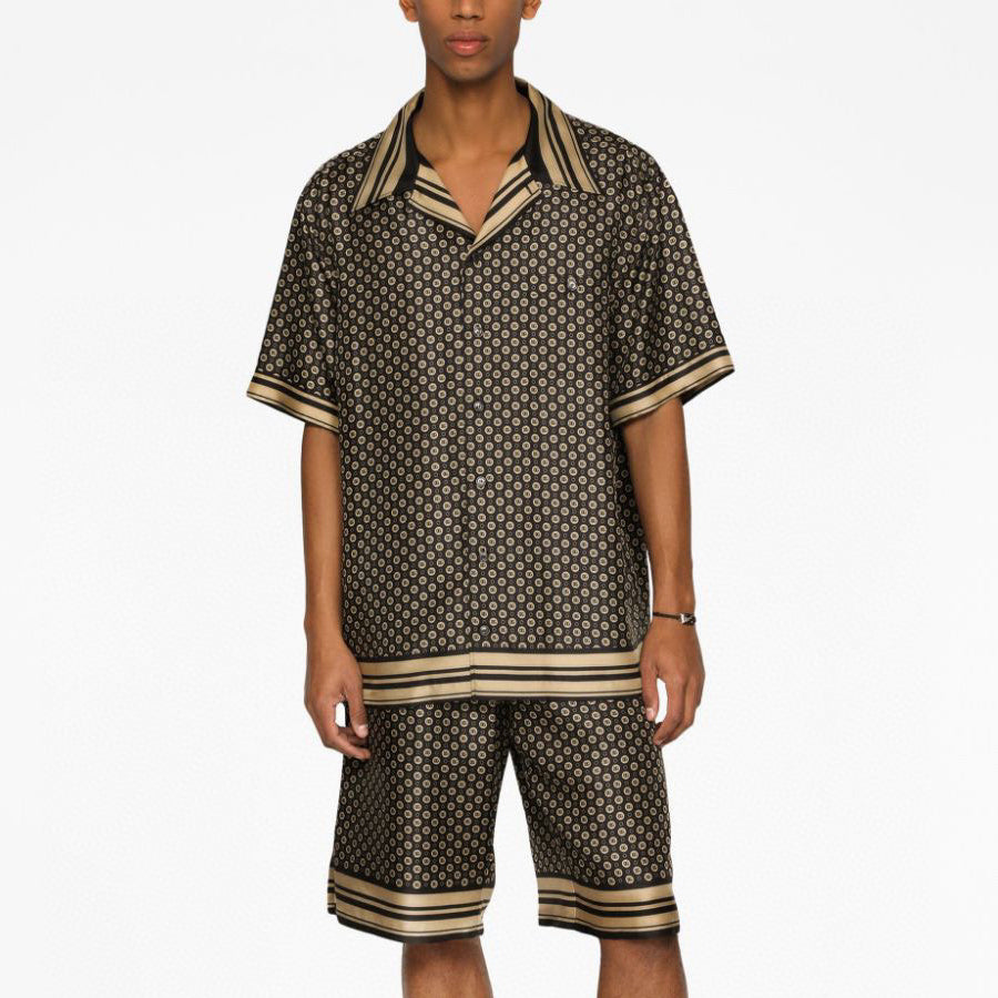 Men's Summer Black Gold Logo Print Short Sleeve Shirt Shorts Set Suit #98555