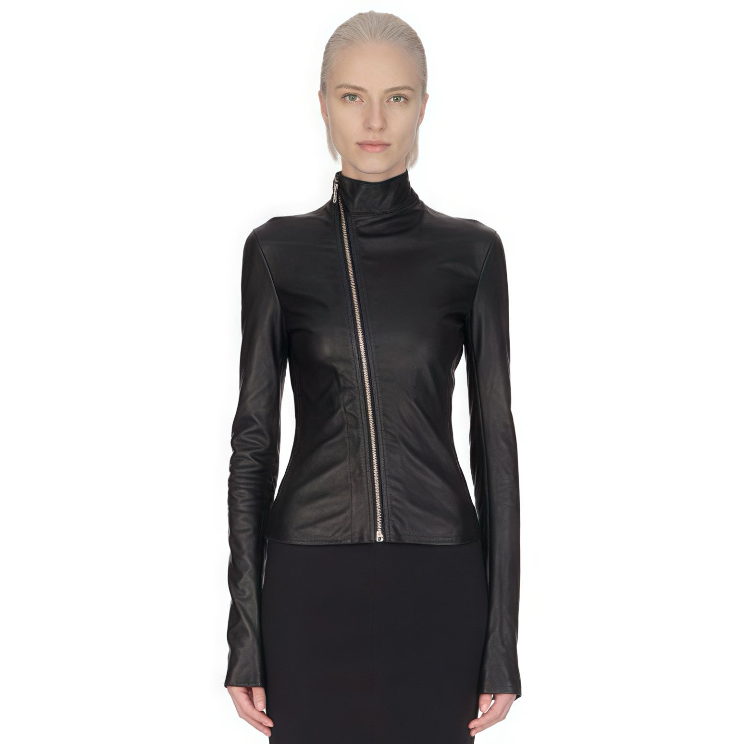 Women's Spring And Autumn Solid Color Lambskin Asymmetric Zipper Slim Long Sleeve Leather Jacket Ngvp #9176