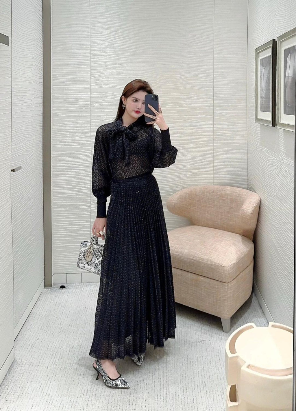 DiorWomen's Fall Mohair. Alpaca and Silk Blend Stretch Knit Top Black Bow Neck Fitted Long Sleeve Sweater Ngvp #9331