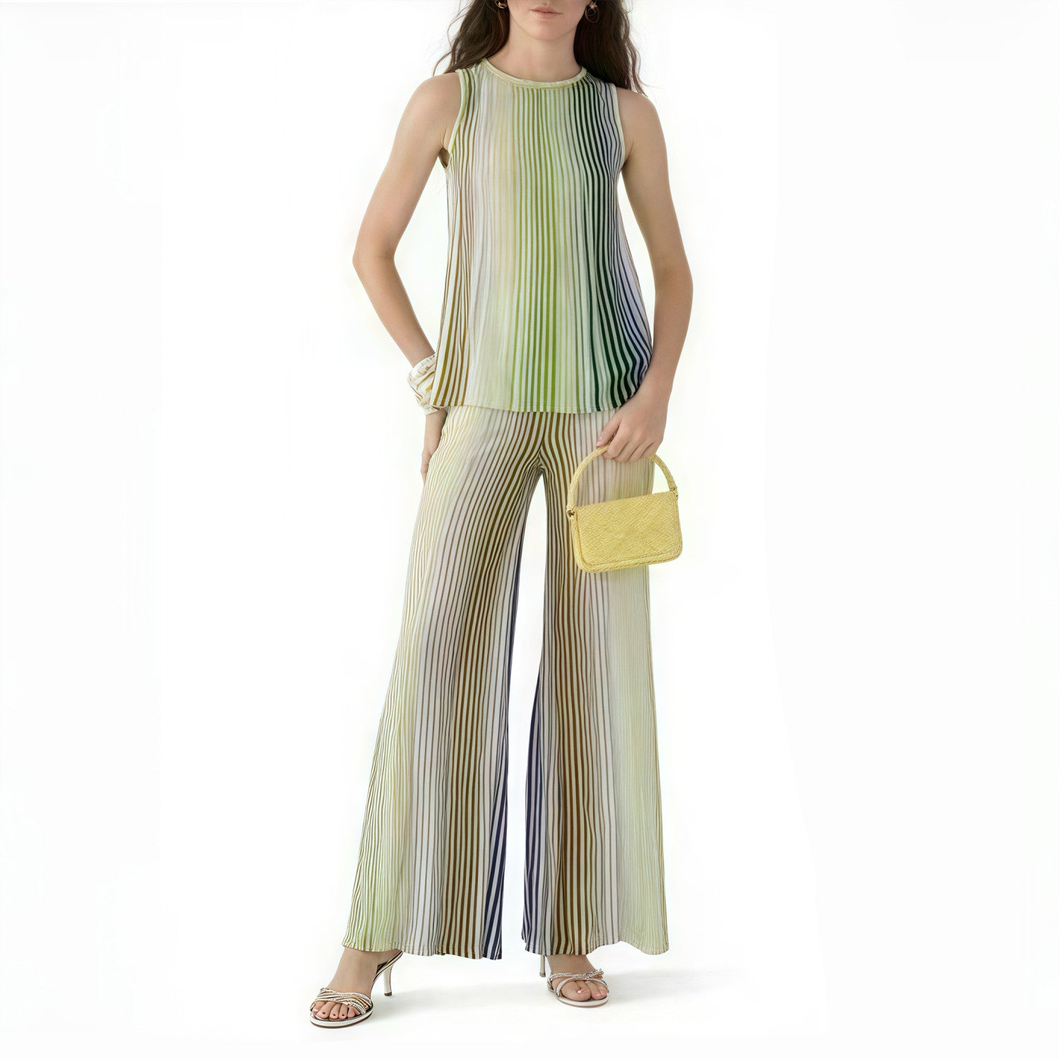 Missoni Women's Spring And Summer Fashion Elegant Colorful Striped Golden Silk Knit Clashing Sleeveless Vest T-shirt Casual Pants Set Suit Ngvp #1758