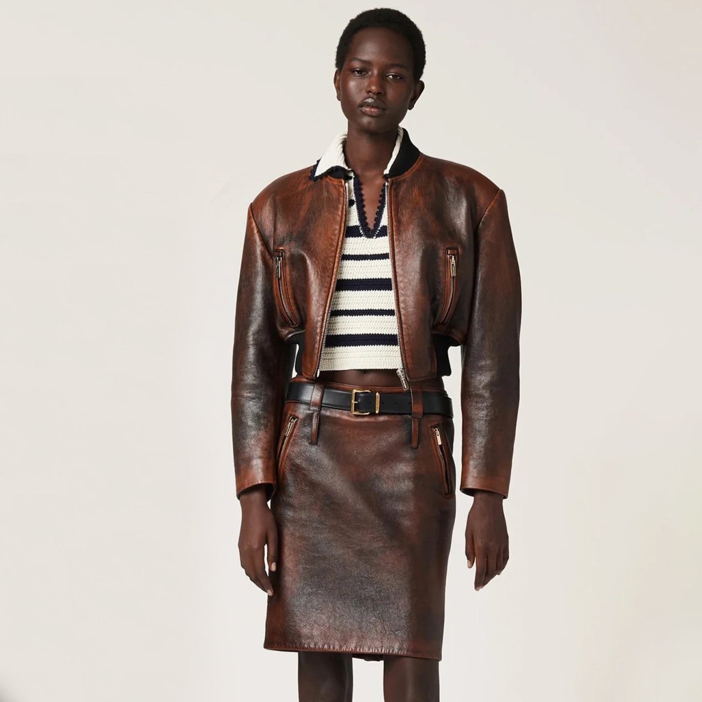 Women's Spring. Autumn and Winter Pure Color Vintage Short Loose Long Sleeve Sheepskin Jacket Casual A-line Straight Half Skirt Ngvp #8961