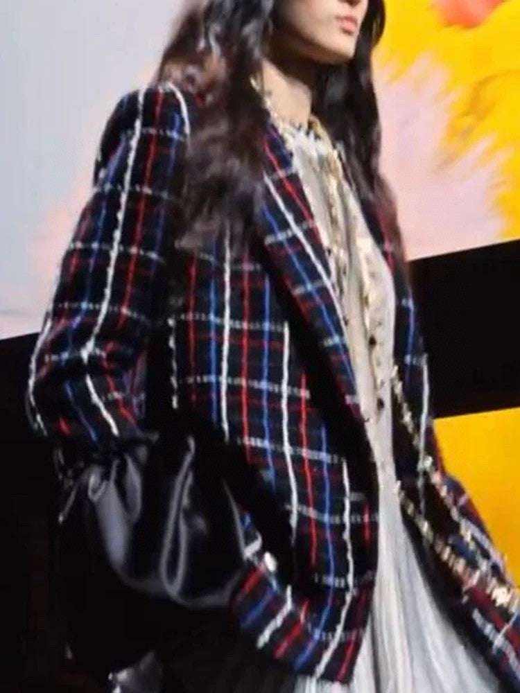 Women's Spring And Autumn Plaid Cotton Tweed Lapel Casual Fashion Long Sleeve Slim Tweed Jacket Ngvp #9127