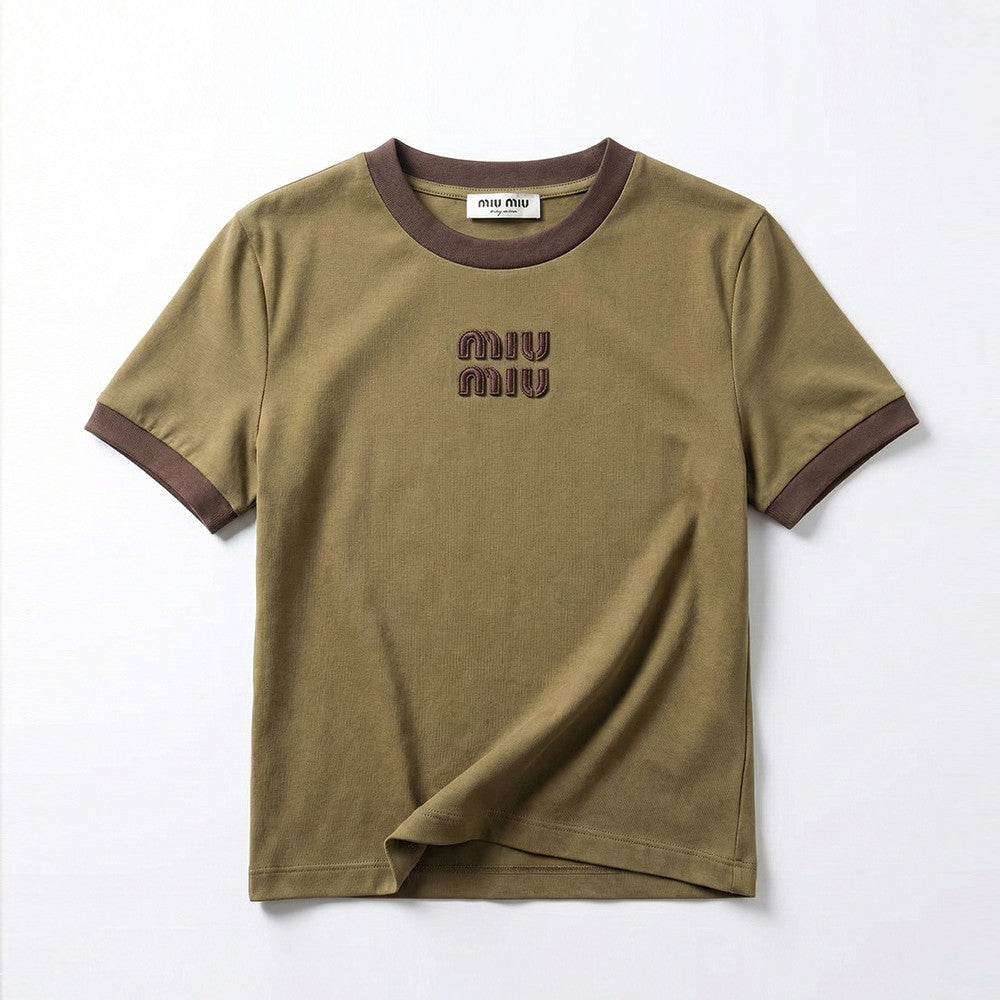 Women's Spring/Summer Olive green Dark brown Color blocking Embroidery Round neck short-sleeved T-shirt #193900