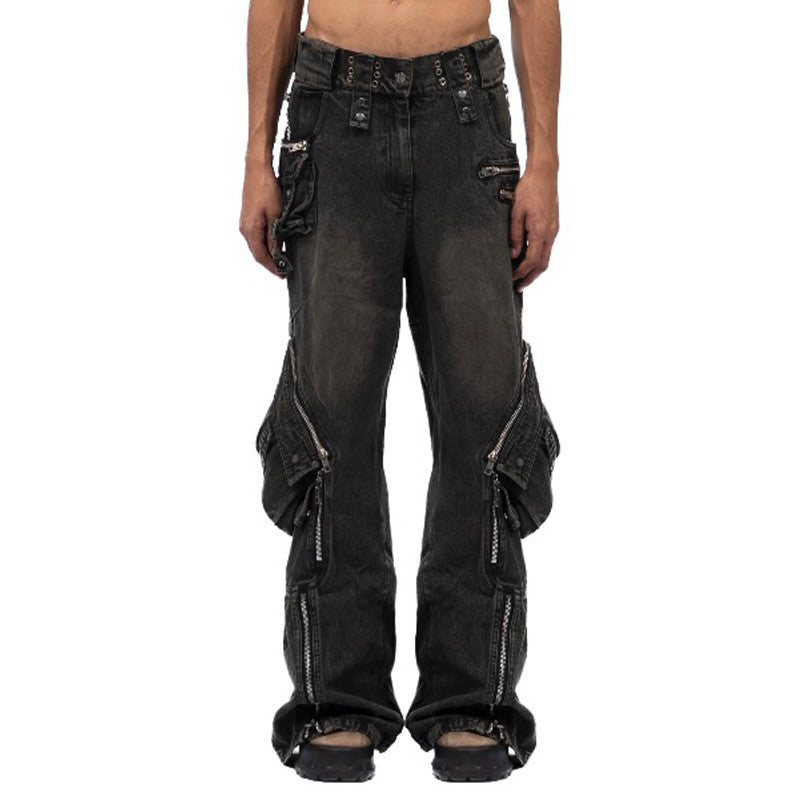 No Faith Studios Men's Solid Color Zipper Logo Embroidered Washed Jeans Loose Fit Work Pants Ngvp #7771