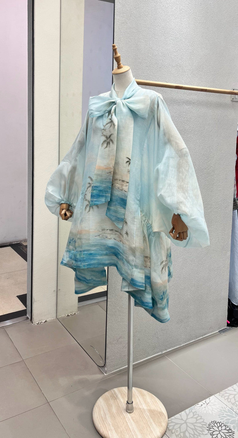 Women's Summer Blue Beach Pattern Printed Flutter Design Long Sleeve Dress #75612