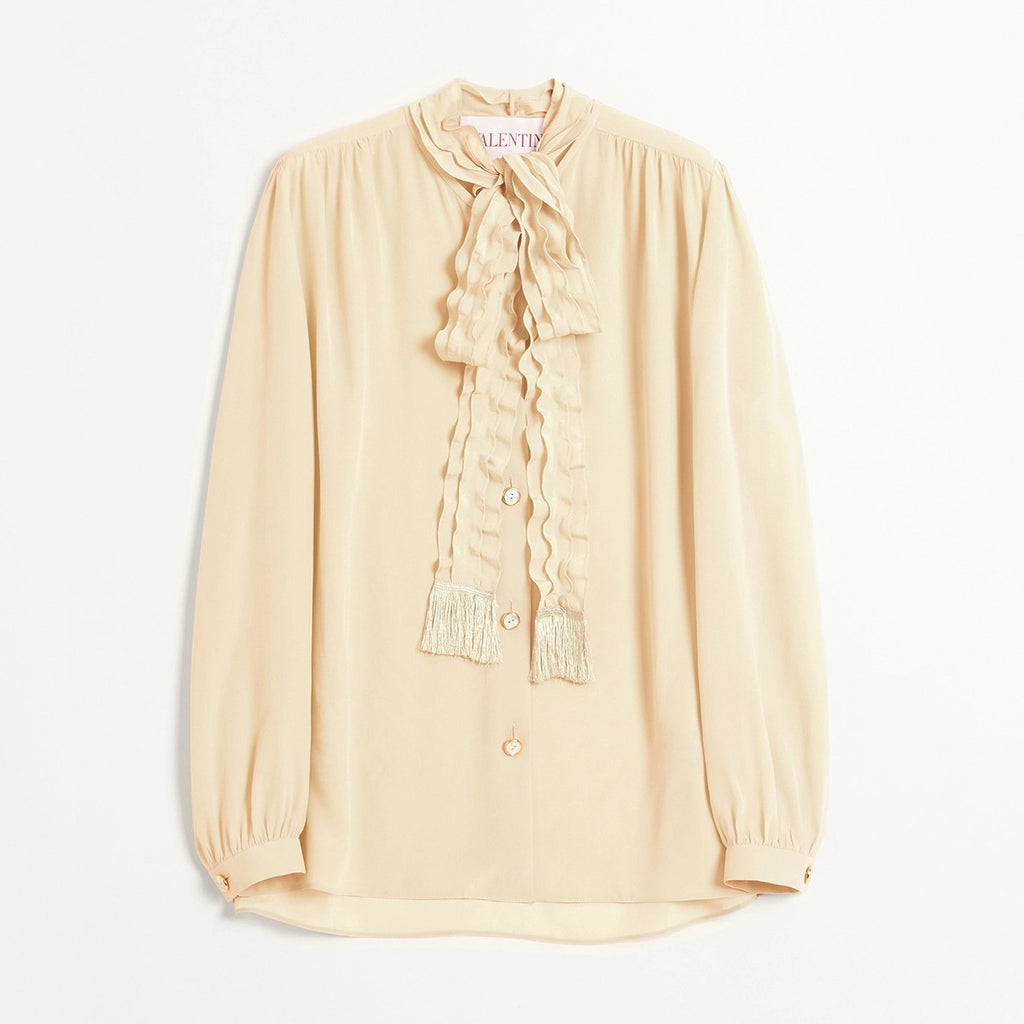 Women's Summer Solid Color Long Sleeved Bow Flutter Silk Single Breasted Shirt #74765