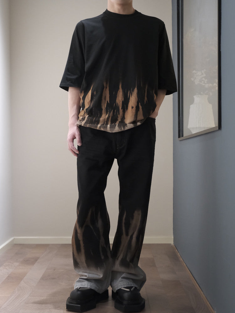 Men's Spring/Summer Flame-Dyed Jeans Dark Style Outfit Lace-Up Tie-Dye Workwear Pants Slightly Flared Bell-Bottom Trousers #194456