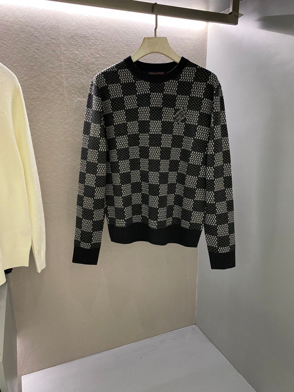 Men's Spring and Autumn Black Checkerboard Print Logo Pattern Round Neck Long Sleeve Sweater #73594