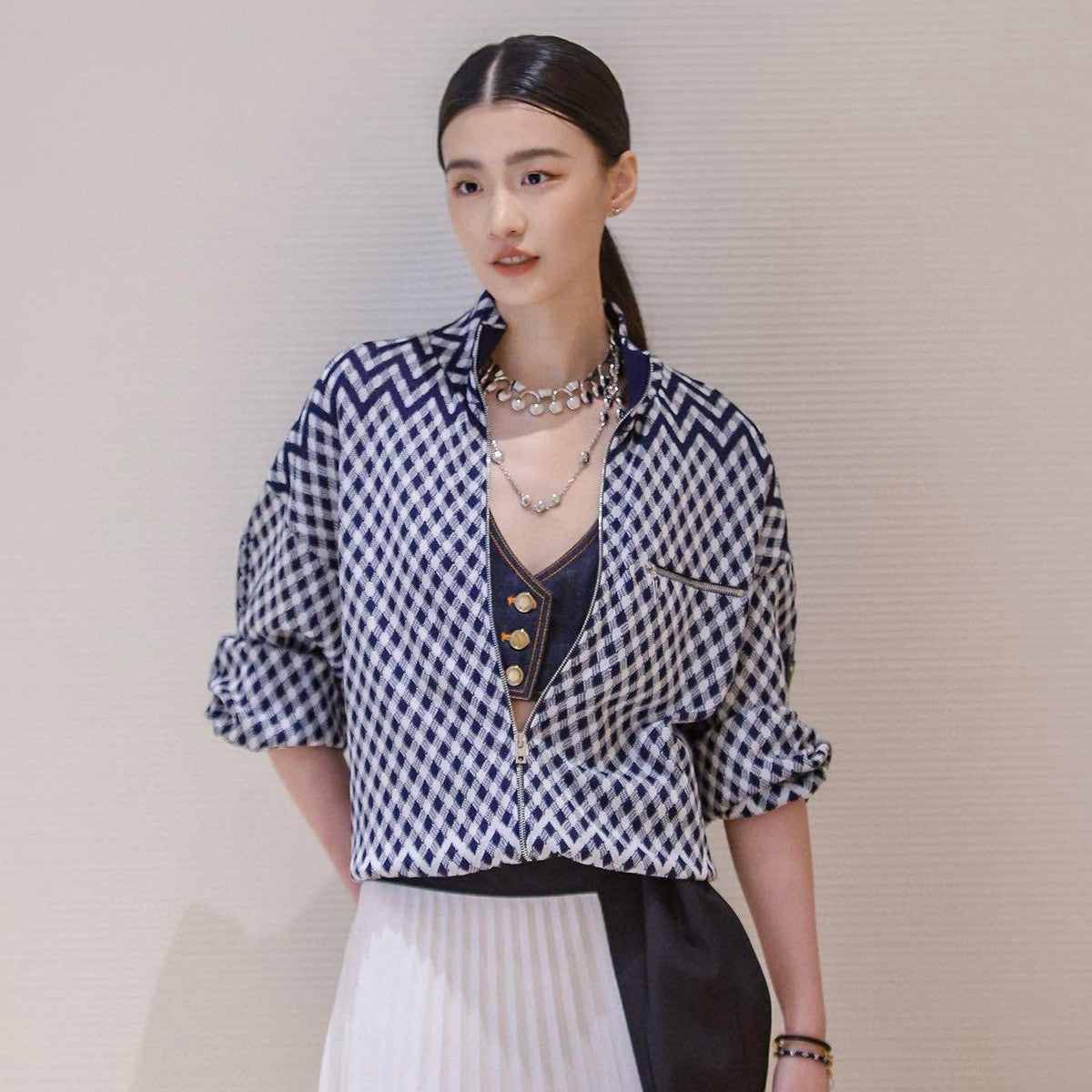 Women's Spring And Autumn Graphic Damier Full Print Stand Collar Zipper Long Sleeve Jacket Casual DAMIER Jogging Pants Ngvp #9426