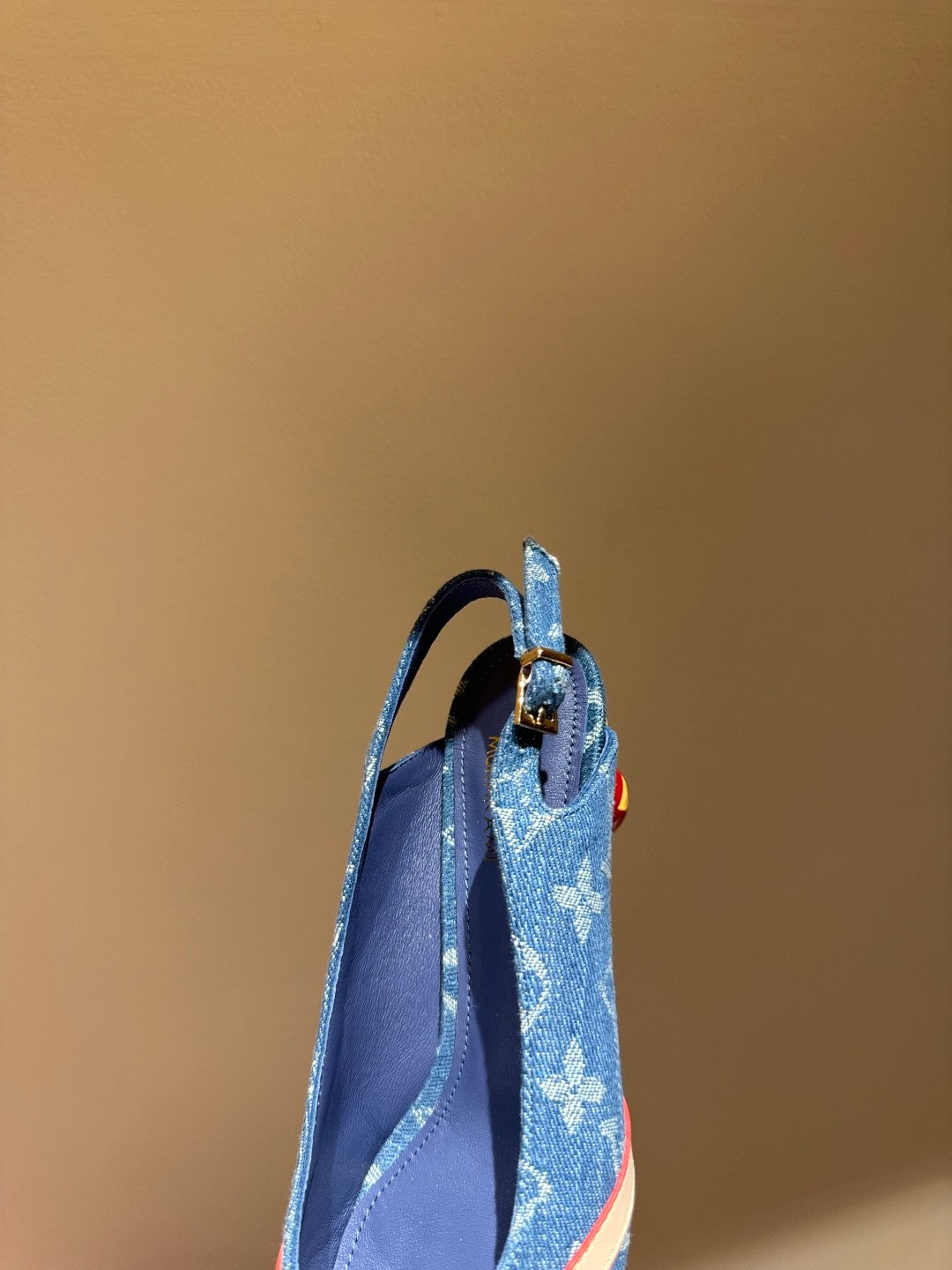 Women's Pointed Denim Print Metal Buckle Fine Heel Cherry Heel Retro Solid Color High Heels Casual Slippers Shoes #77858