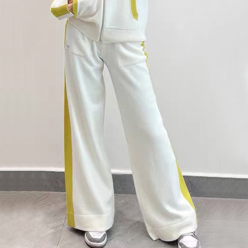 Women's Spring & Autumn Loose Colorblocking Knitted Wide-Leg Pants Casual Long Trousers Ngvp #9839