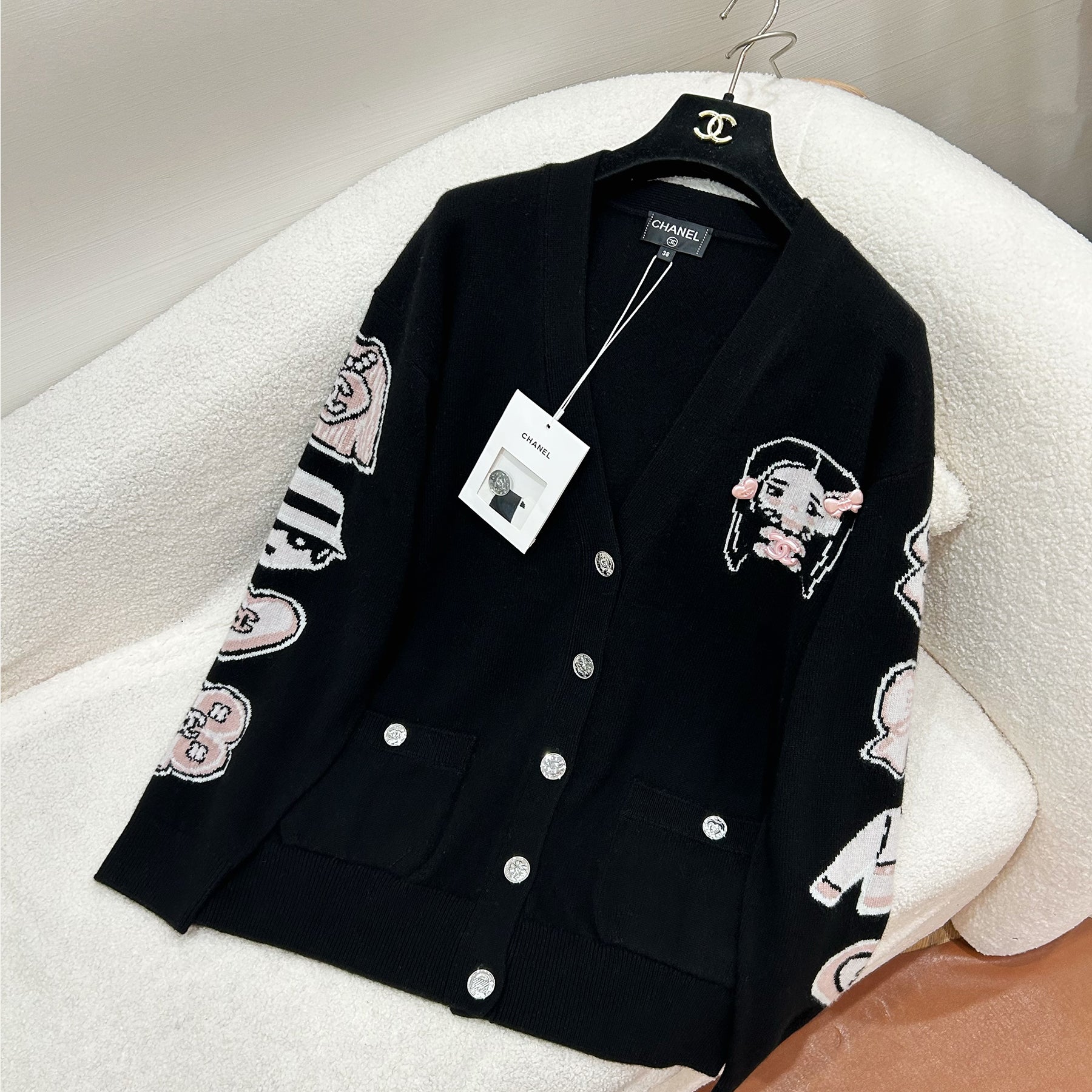 Women's Fall And Winter Jacquard Knit Pattern Cardigan Sweater Single-breasted Temperament Elegant Black Cardigan Jacket #81446