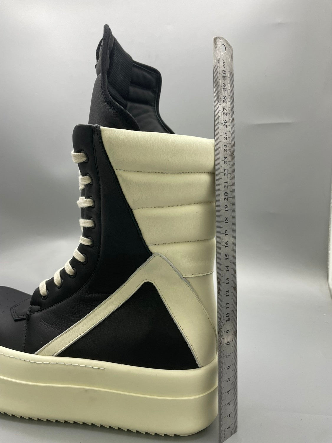 Men's And Women's Black And White Inverted Triangle High Top Lace Up Cowhide Shoes #77917