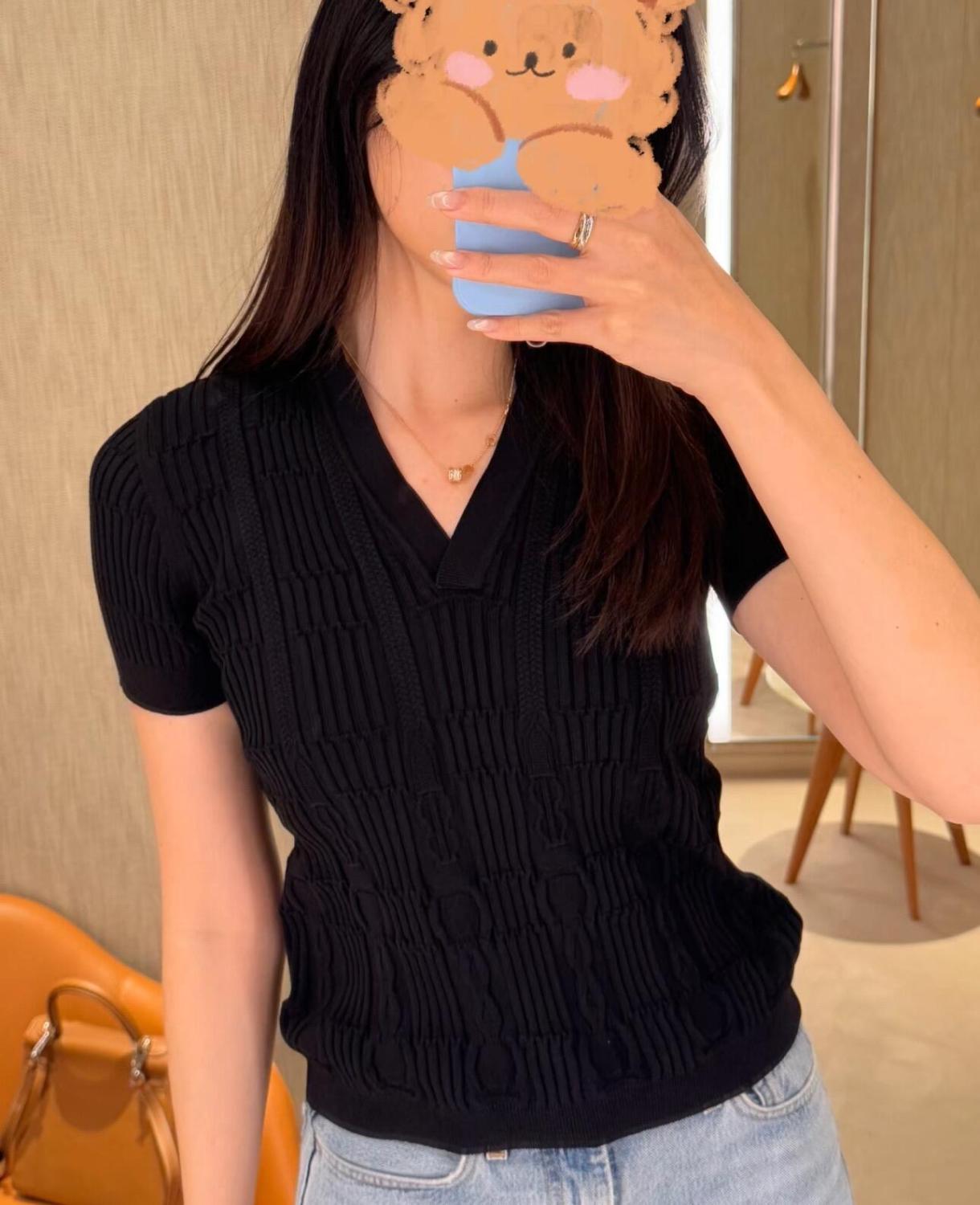 Women's Knitted V-neck Spring. Autumn And Winter Silk Cotton Blend Short Sleeve Pullover Top Solid Color Sweater Ngvp #1394