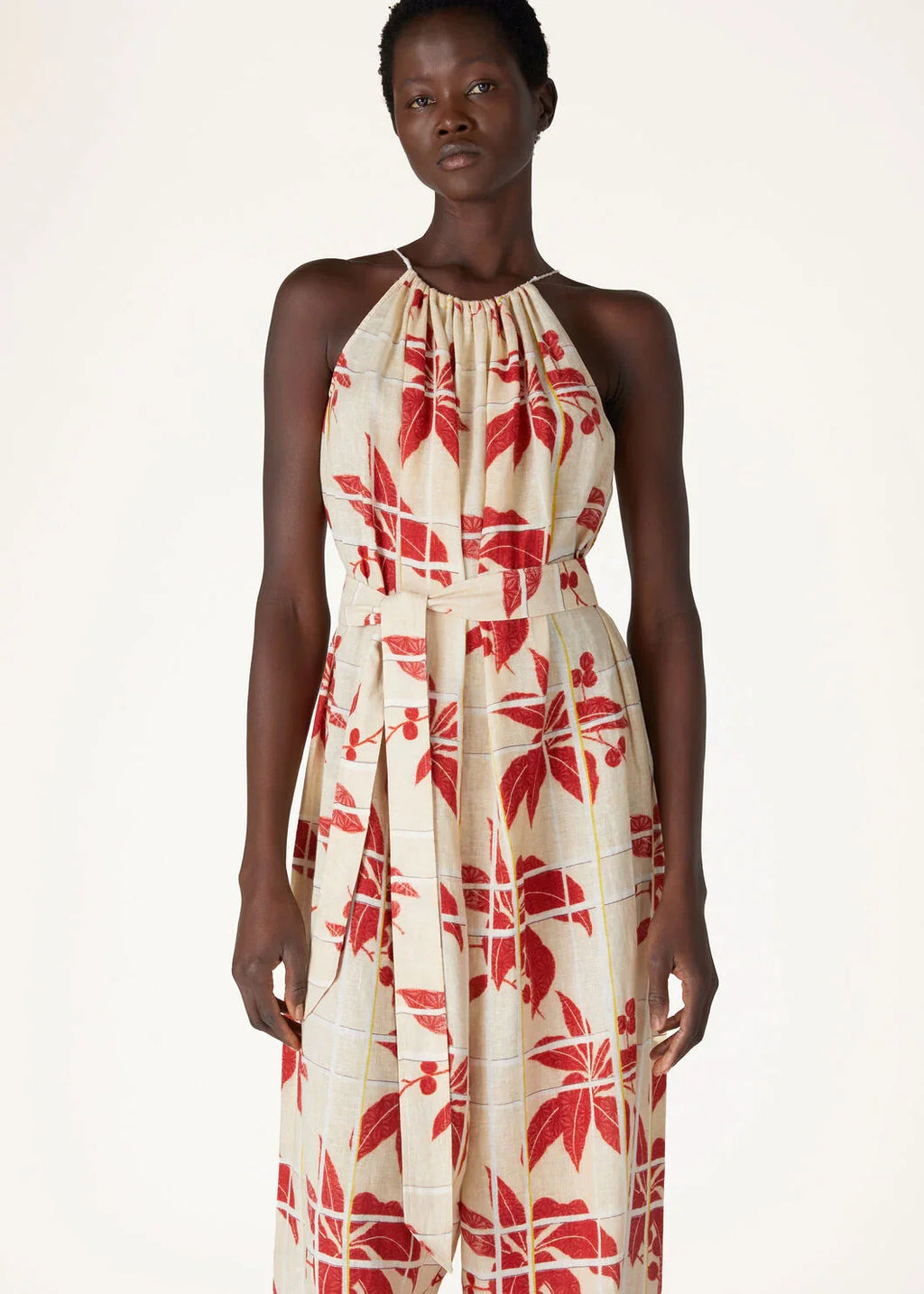 Women's Summer Pattern Printed Solid Color Linen Cristina Lace-up Fitted Jumpsuit Casual Pants Ngvp #8814