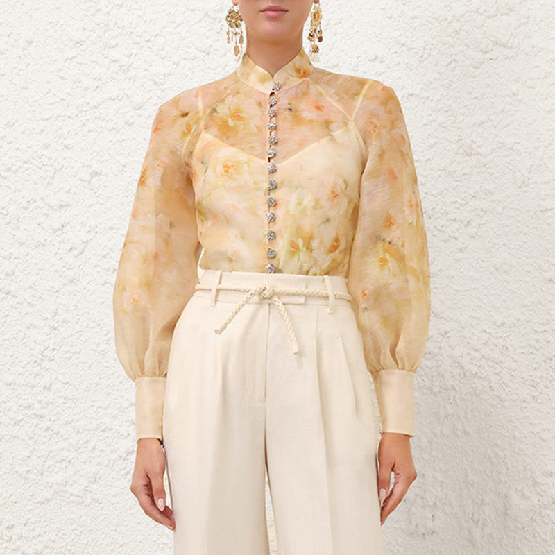 Women's Spring And Summer Yellow Floral Print Single Breasted Long Sleeve Shirt #75154