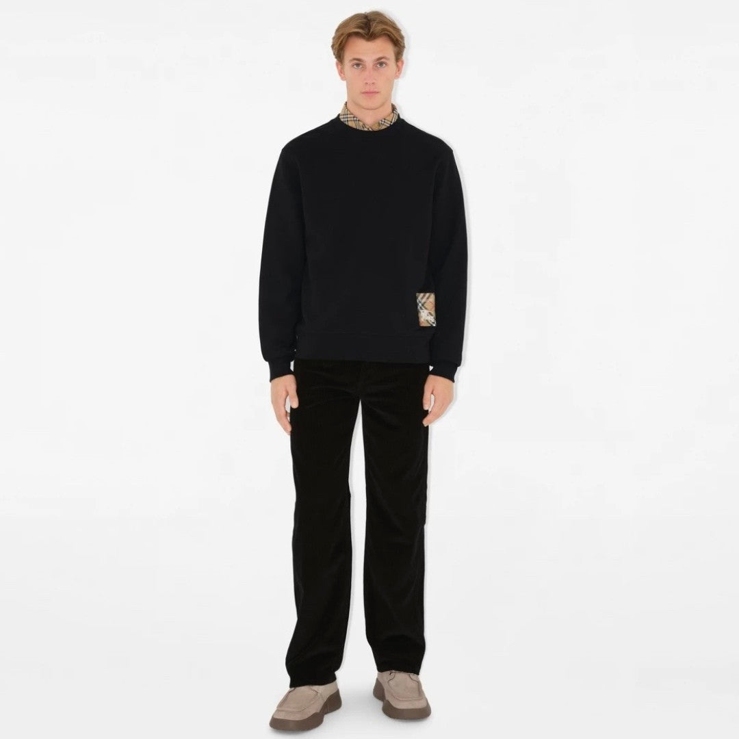 Men's Pure Cotton Terry Checked Panel Logo Sweatshirt Crew Neck Top #82544A