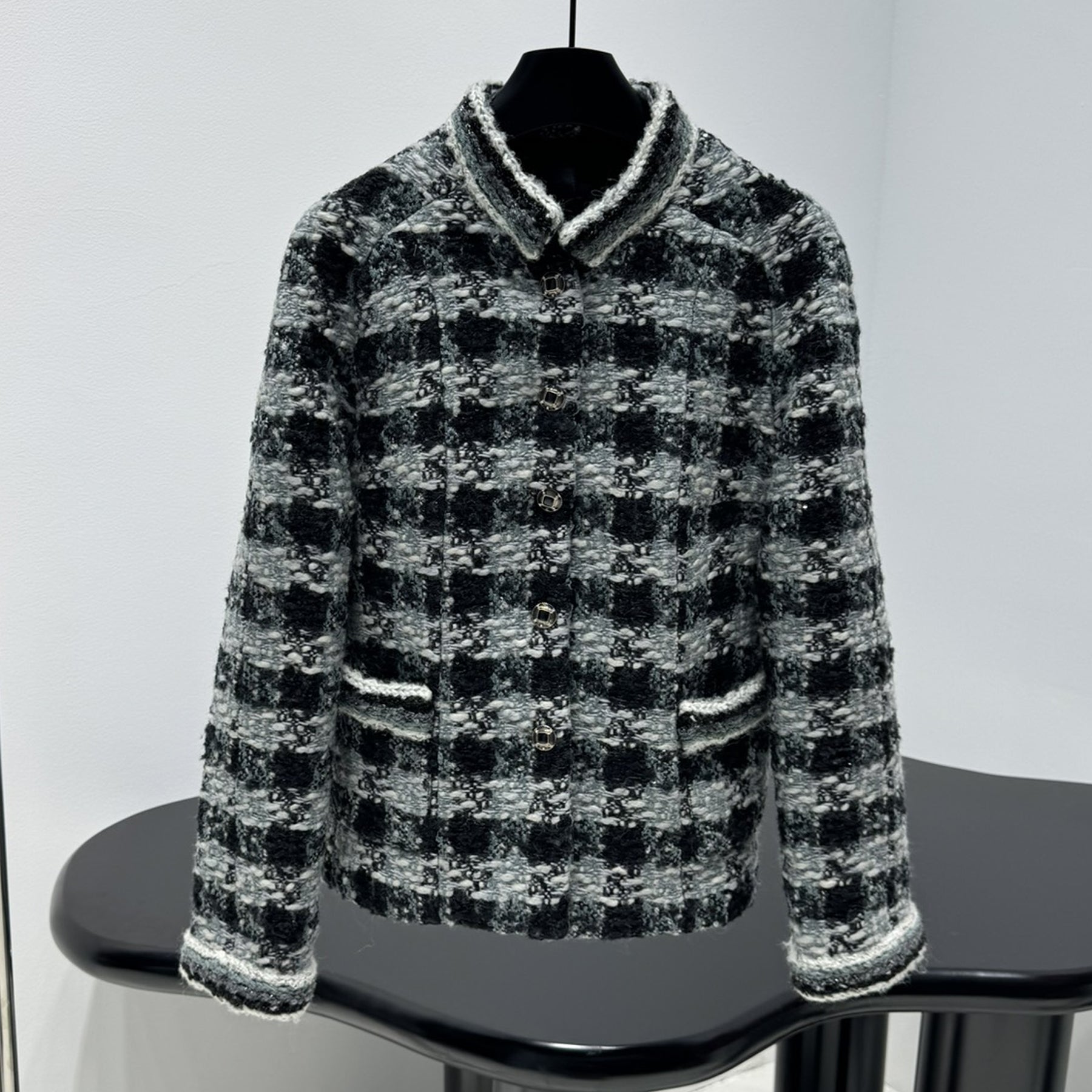 25 New Arrival Women's Sequined Tweed Jacket with Retro Check Woven Pattern and Metal Button Opening #83194A