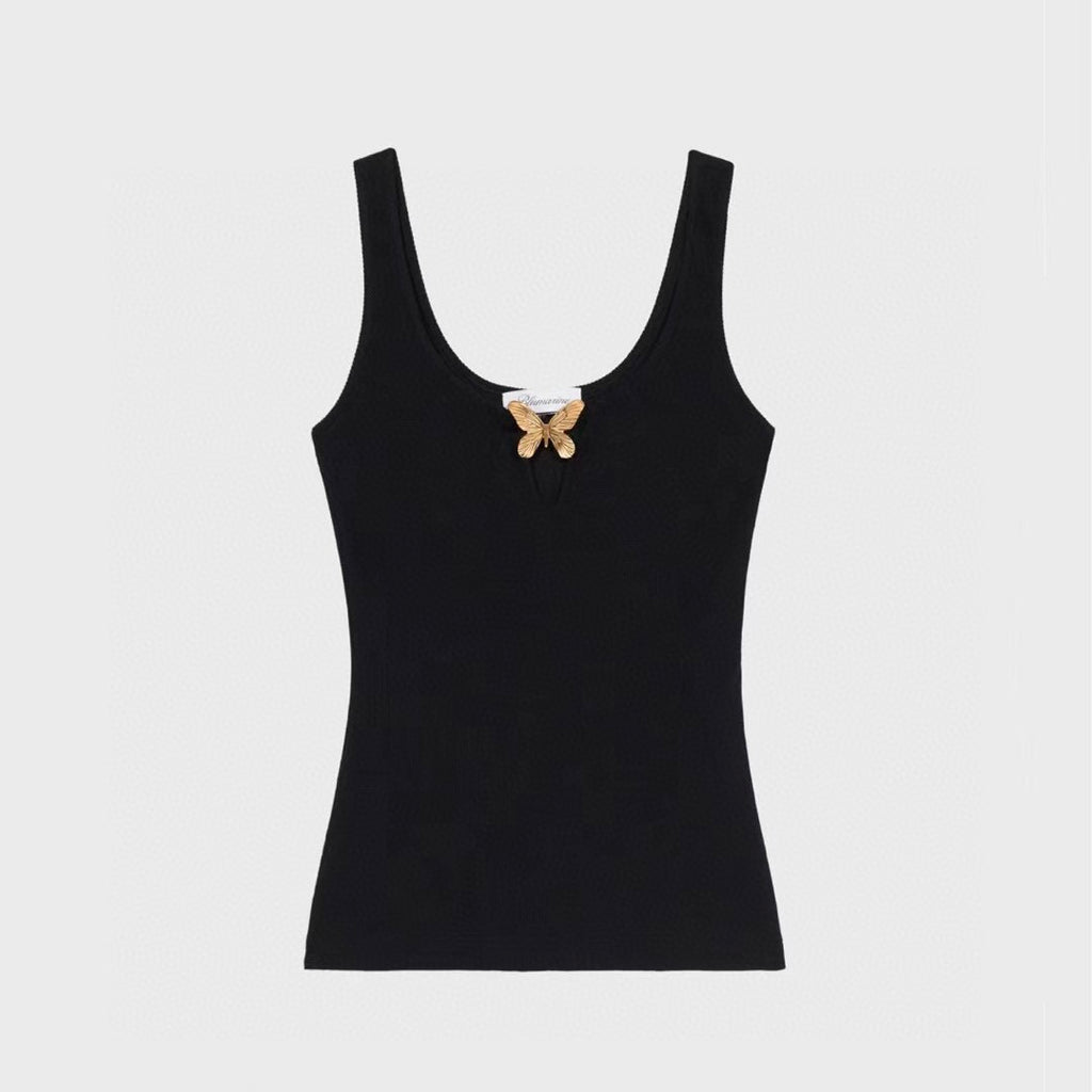 Blumarine Women's Spring And Summer Delicate Butterfly Metal Jewelry Vest Stretch Black Undershirt Fashion Casual Knit Sleeveless Tops Ngvp #8912