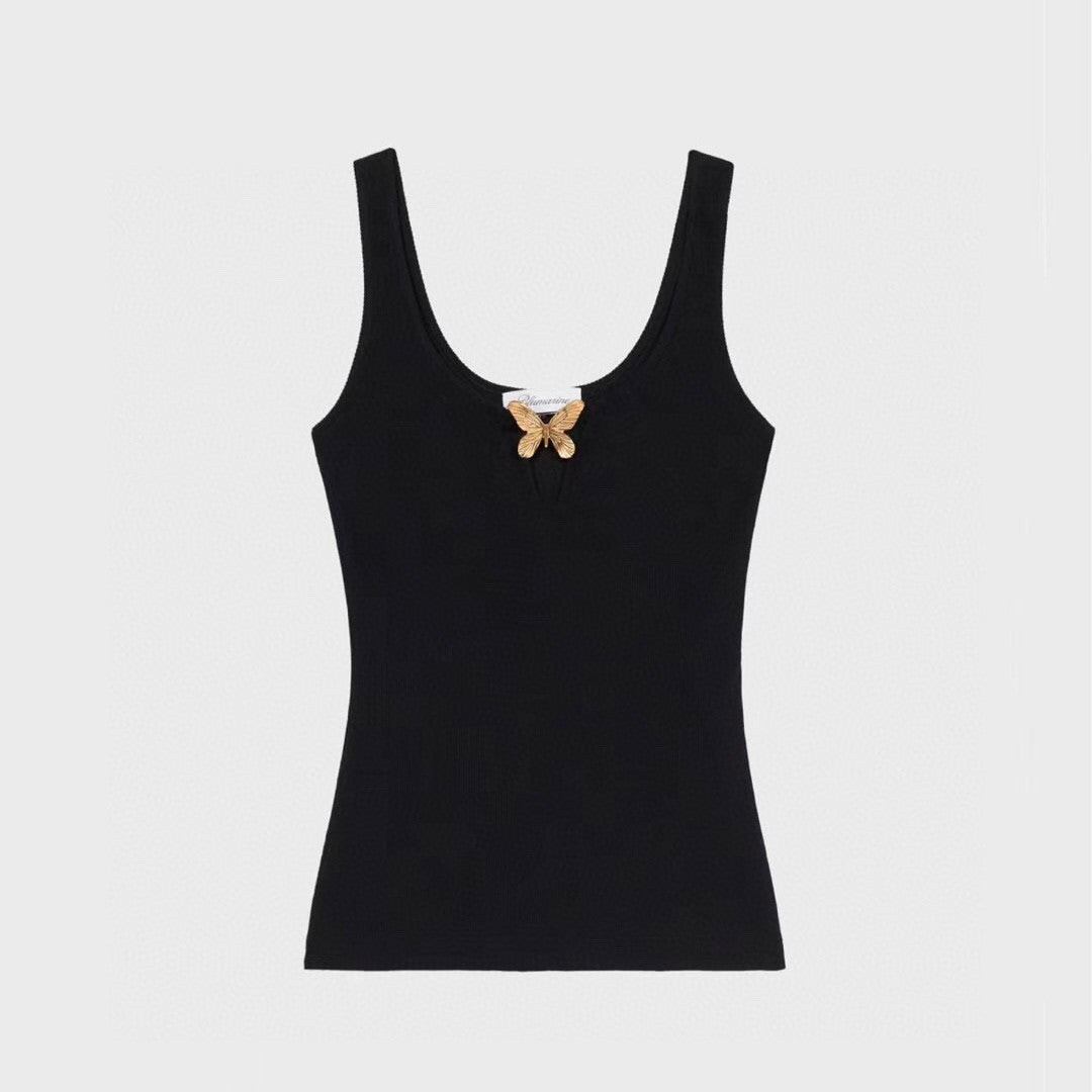Blumarine Women's Spring And Summer Delicate Butterfly Metal Jewelry Vest Stretch Black Undershirt Fashion Casual Knit Sleeveless Tops Ngvp #8912