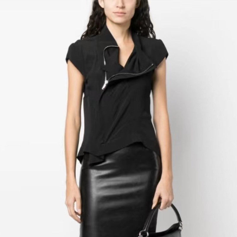 Women's Summer Solid Color Standing Neck Fashion Irregular Sleeveless T-Shirt #71431