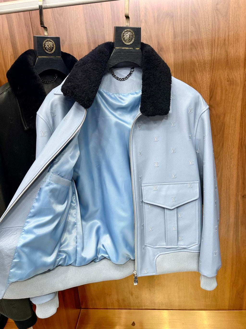 Men's Fall/winter Pilot Drawstring Jacket Solid Color Logo Jacquard Hair Collar Colorblocking Leather Jacket #71553