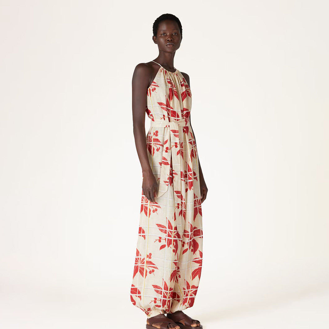 Women's Summer Pattern Printed Solid Color Linen Cristina Lace-up Fitted Jumpsuit Casual Pants Ngvp #8814