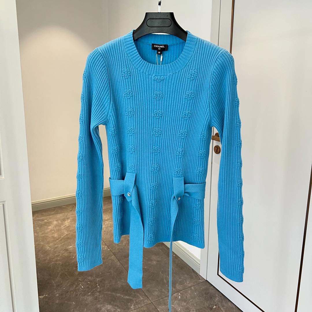 Women's Spring and Autumn Solid Color Double C Knitted Belt Sweater #74816