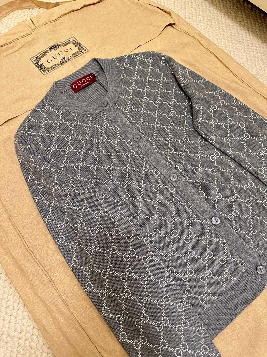 Women's Gray Letter Logo Round Neck Single Breasted Long Sleeve Knit Sweater Jacket #72991