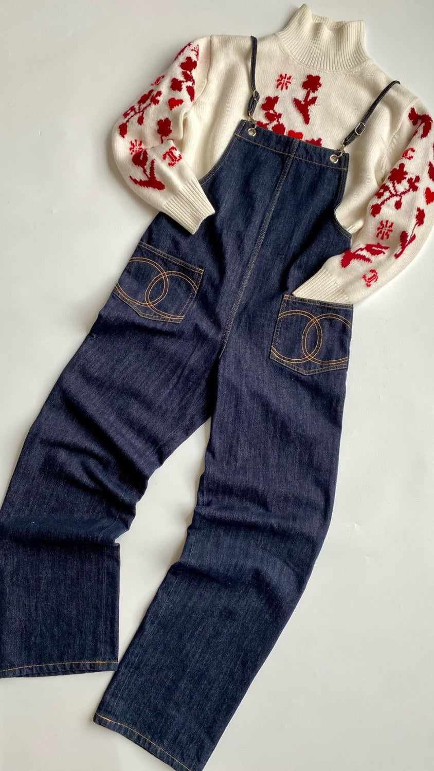 Women's Spring and Autumn Blue Double C Embroidered Pocket Straight Jeans Bib Pants #74778