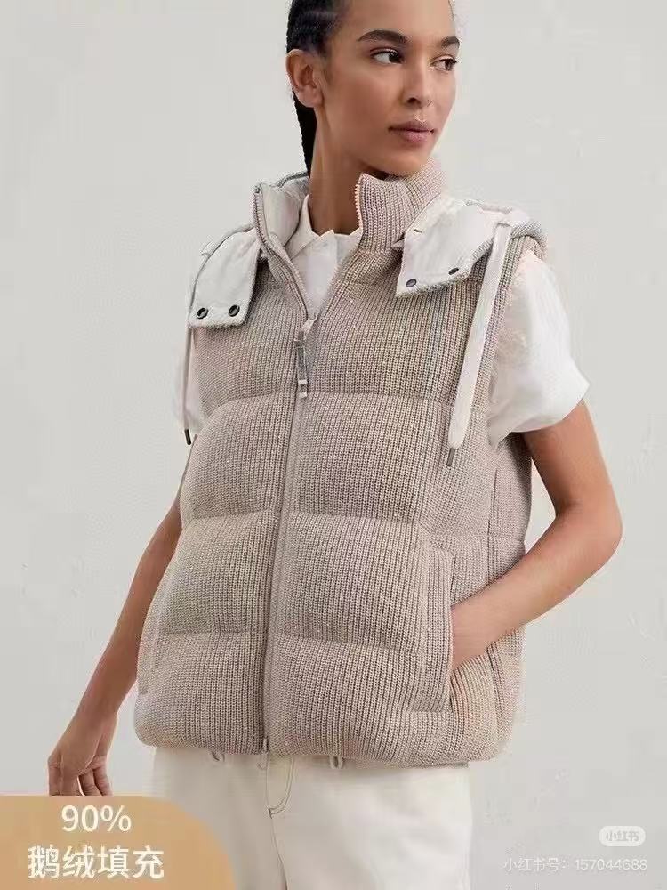 Women's Fall/winter Cotton British Ribbed Knit Down Vest Hooded Drawstring Sleeveless Jacket Ngvp #2417