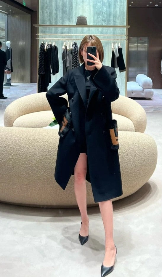 Women's Autumn And Winter Solid Color Splicing Double Breasted Medium Length Wool Long Sleeved Coat Jacket #72647