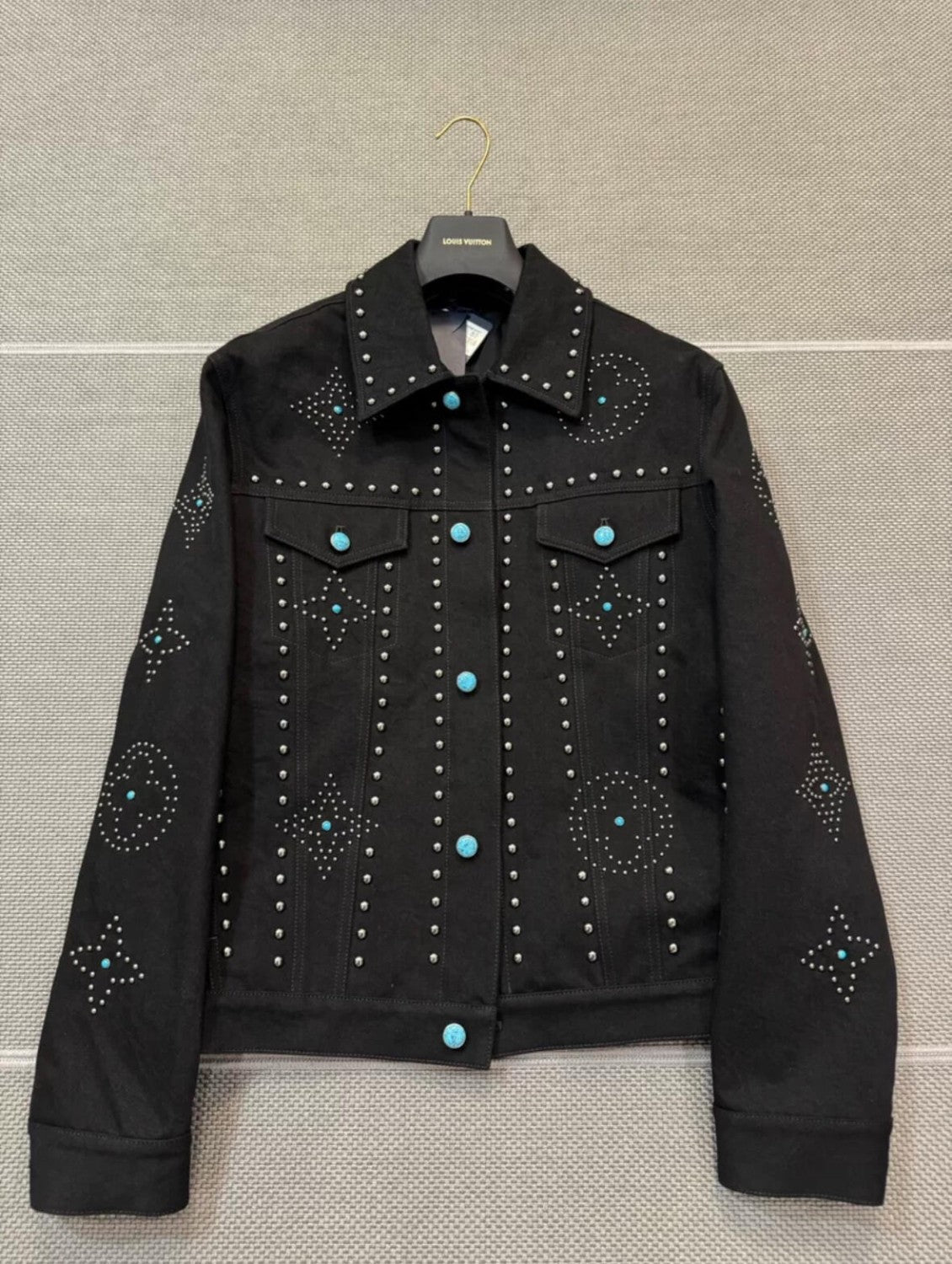 Men's Fall/Winter Black Logo Pattern Embroidery Lapel Long Sleeve Denim Jacket #72824