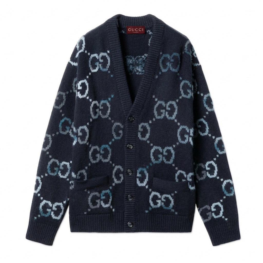 Men's Spring and Autumn Pattern Appliqu¨¦d Single Breasted V-neck long Sleeved Knit Wool Cardigan With GG Intarsia #82336A