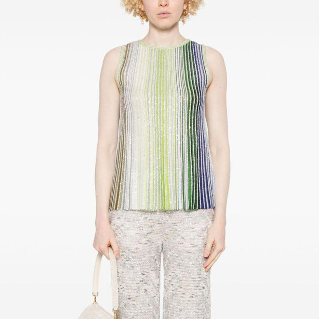 Missoni Women's Spring And Summer Fashion Elegant Colorful Striped Golden Silk Knit Clashing Sleeveless Vest T-shirt Casual Pants Set Suit Ngvp #1758