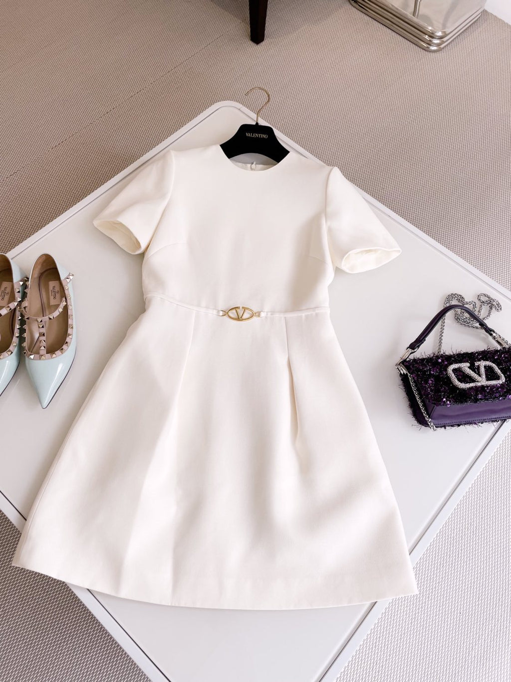 Women's Summer Solid Color Logo Logo High Waist Slim Wool Short Sleeve Dresses #73356