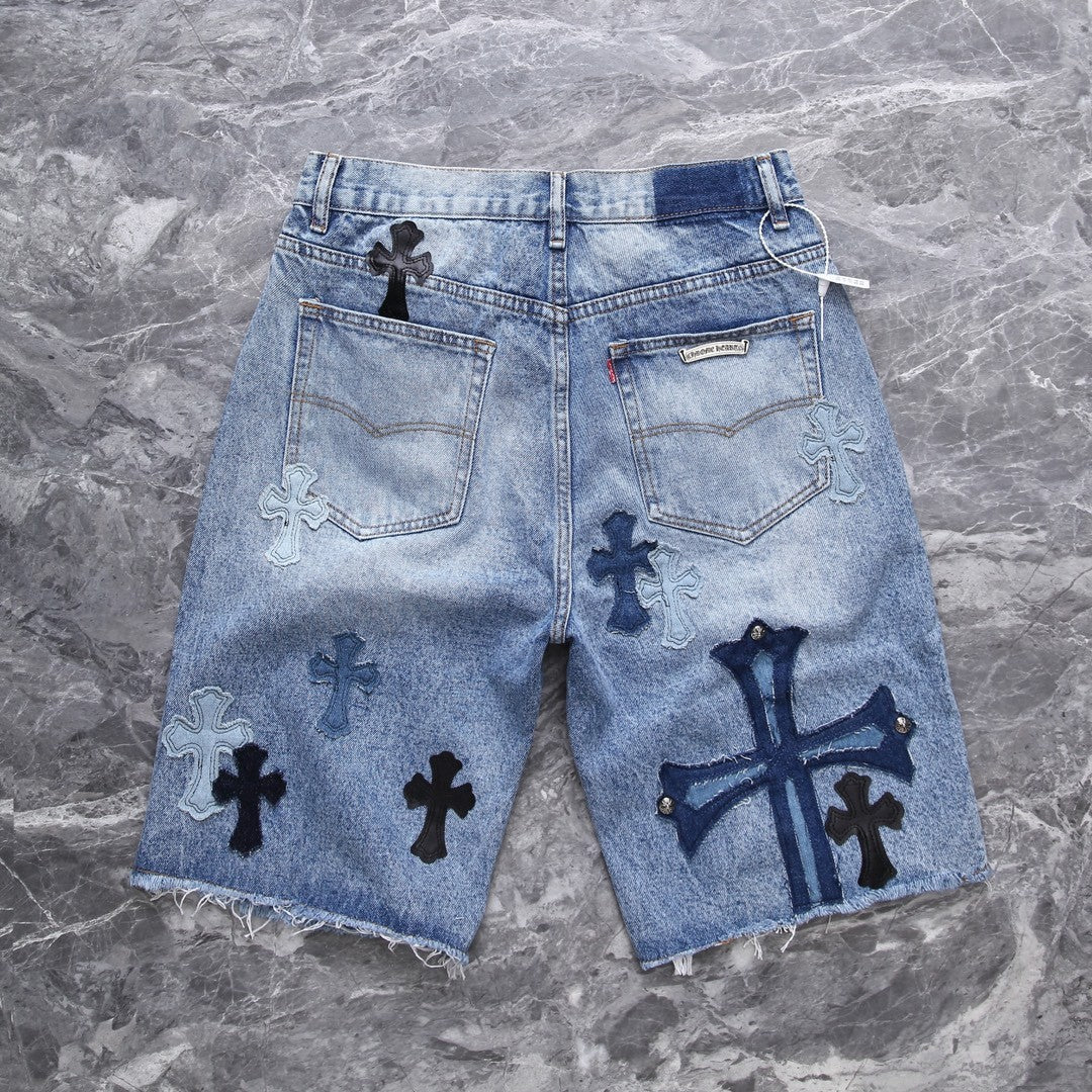 Men's Summer Cross Embroidered Straight Casual Solid Color Washed Denim Shorts #72326
